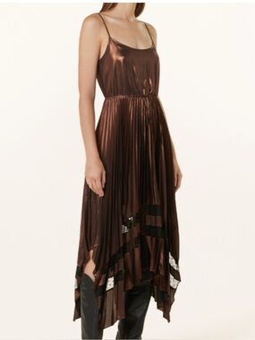 NEW ALL SAINTS Nadia Foil Dress Cacao Brown Pleated Midi Cocktail Dress Size M